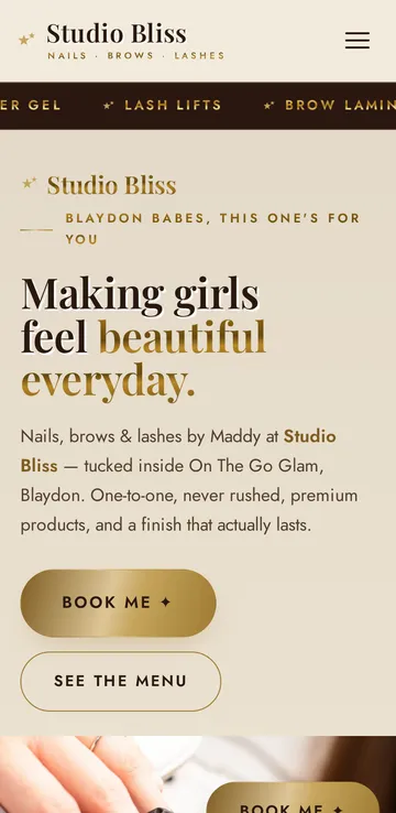 Studio Bliss website on a phone