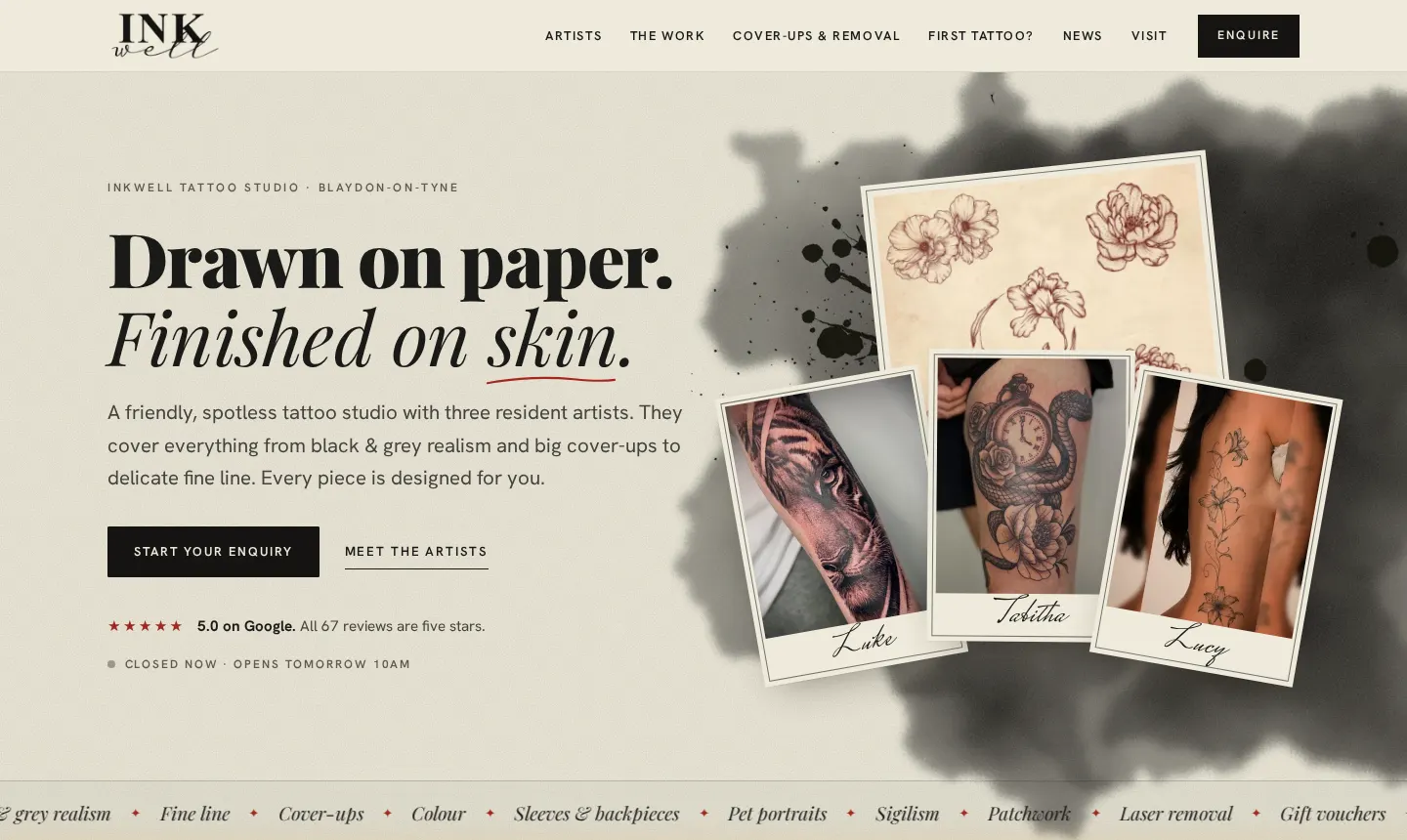 Inkwell Tattoo Studio website on desktop