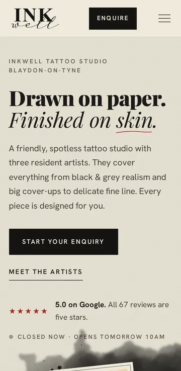 Inkwell Tattoo Studio website on a phone