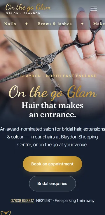 On the go Glam website on a phone